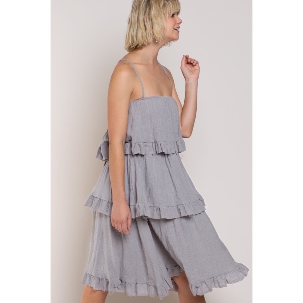 POL Grey Spaghetti Strap Ruffle Tiered Linen Dress - Picture 2 of 6